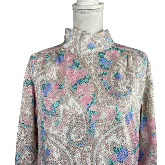 Vintage 80's Eva Laurel Pastel Floral Paisley Print Long Sleeve Mock Neck Blouse - Picture 5 of 10